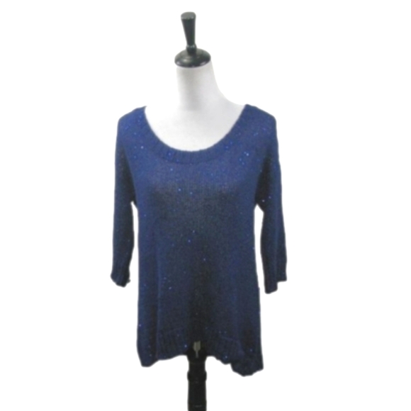 a.n.a Navy Blue Sequin 3/4 Sleeve Scoop Neck Sweater Size Medium - Picture 1 of 5